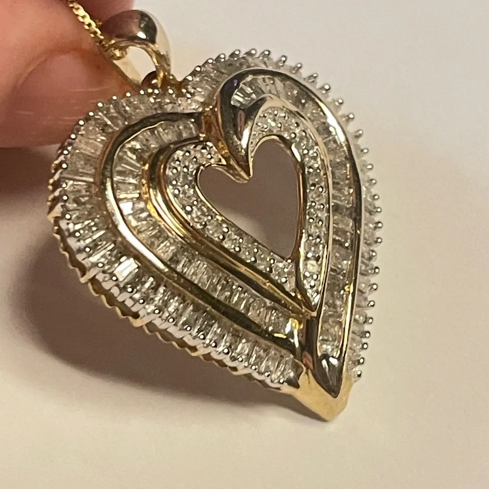 Natural Diamond Heart Pendant in Sterling Silver Setting Gold Brilliant Baguette - Picture 4 of 6